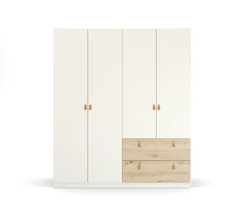 Kleiderschrank Drehtürenschrank Quadra-Spin | 4-türig | mit Schubkästen | alpinweiß / Eiche Artisan | 181x210 | Griff Homey