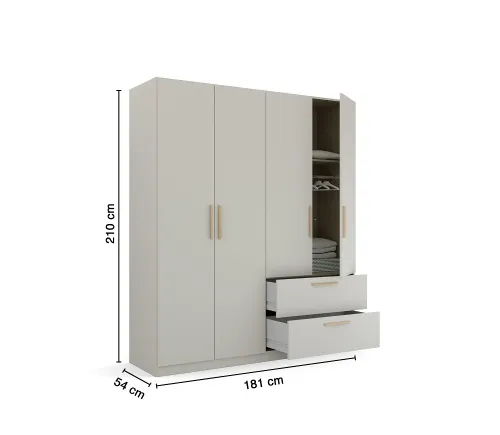 Kleiderschrank Drehtürenschrank Quadra-Spin | 4-türig | mit Schubkästen | seidengrau | 181x210 | Griff Skandi