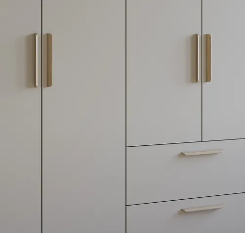 Kleiderschrank Drehtürenschrank Quadra-Spin | 4-türig | mit Schubkästen | seidengrau | 181x210 | Griff Skandi