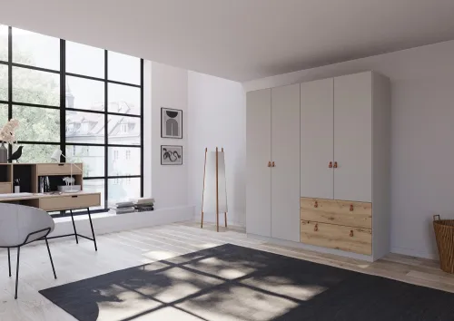 Kleiderschrank Drehtürenschrank Quadra-Spin | 4-türig | mit Schubkästen | seidengrau / Eiche Artisan | 181x210 | Griff Homey