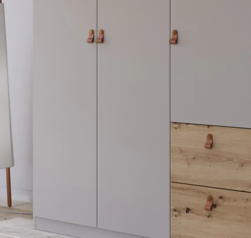 Kleiderschrank Drehtürenschrank Quadra-Spin | 4-türig | mit Schubkästen | seidengrau / Eiche Artisan | 181x210 | Griff Homey