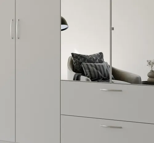 Kleiderschrank Drehtürenschrank Quadra-Spin | 4-türig | mit Spiegelt[ren & Schubkästen | seidengrau | 181x210 | Griff Pure