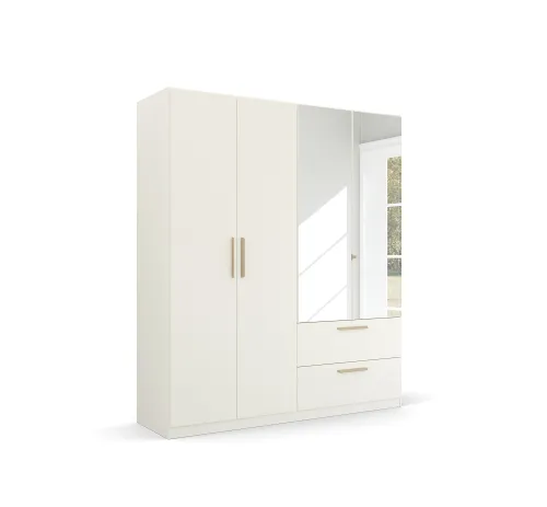 Kleiderschrank Drehtürenschrank Quadra-Spin | 4-türig | mit Spiegeltüren & Schubkästen | alpinweiß | 181x210 | Griff Skandi