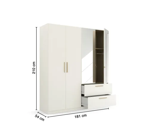 Kleiderschrank Drehtürenschrank Quadra-Spin | 4-türig | mit Spiegeltüren & Schubkästen | alpinweiß | 181x210 | Griff Skandi