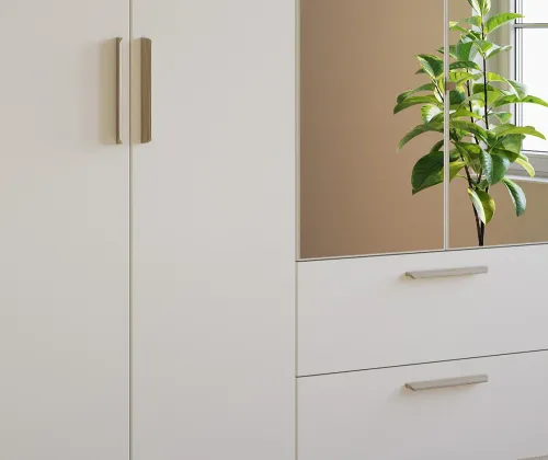 Kleiderschrank Drehtürenschrank Quadra-Spin | 4-türig | mit Spiegeltüren & Schubkästen | alpinweiß | 181x210 | Griff Skandi