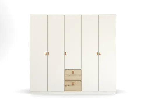Kleiderschrank Drehtürenschrank Quadra-Spin | 5-türig | mit Schubkästen | alpinweiß / Eiche Artisan | 226x210 | Griff Homey