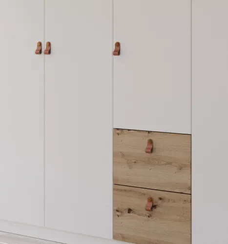 Kleiderschrank Drehtürenschrank Quadra-Spin | 5-türig | mit Schubkästen | alpinweiß / Eiche Artisan | 226x210 | Griff Homey