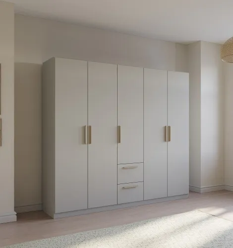 Kleiderschrank Drehtürenschrank Quadra-Spin | 5-türig | mit Schubkästen | seidengrau | 226x210 | Griff Skandi