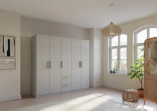 Kleiderschrank Drehtürenschrank Quadra-Spin | 5-türig | mit Schubkästen | seidengrau | 226x210 | Griff Skandi