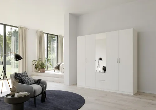 Kleiderschrank Drehtürenschrank Quadra-Spin | 5-türig | mit Spiegeltüren & Schubkästen | alpinweiß | 226x210 | Griff Pure