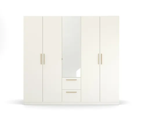 Kleiderschrank Drehtürenschrank Quadra-Spin | 5-türig | mit Spiegeltüren & Schubkästen | alpinweiß | 226x210 | Griff Skandi