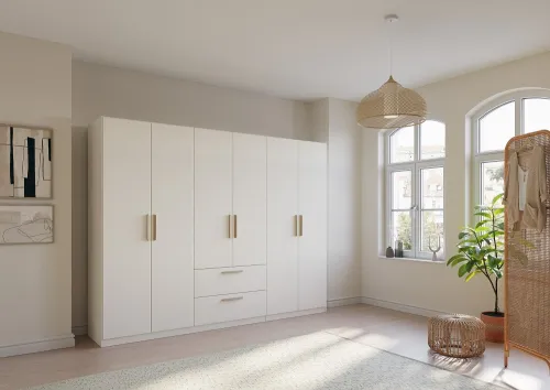 Kleiderschrank Drehtürenschrank Quadra-Spin | 6-türig | mit Schubkästen | alpinweiß | 271x210 | Griff Skandi