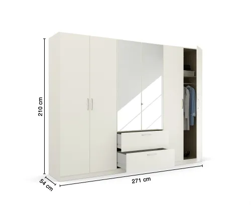 Kleiderschrank Drehtürenschrank Quadra-Spin | 6-türig | mit Spiegeltüren & Schubkästen | alpinweiß | 271x210 | Griff Pure
