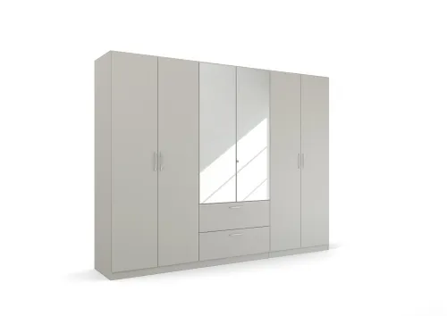 Kleiderschrank Drehtürenschrank Quadra-Spin | 6-türig | mit Spiegeltüren & Schubkästen | seidengrau | 271x210 | Griff Pure