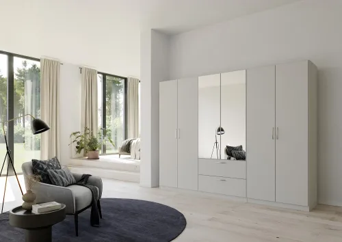 Kleiderschrank Drehtürenschrank Quadra-Spin | 6-türig | mit Spiegeltüren & Schubkästen | seidengrau | 271x210 | Griff Pure