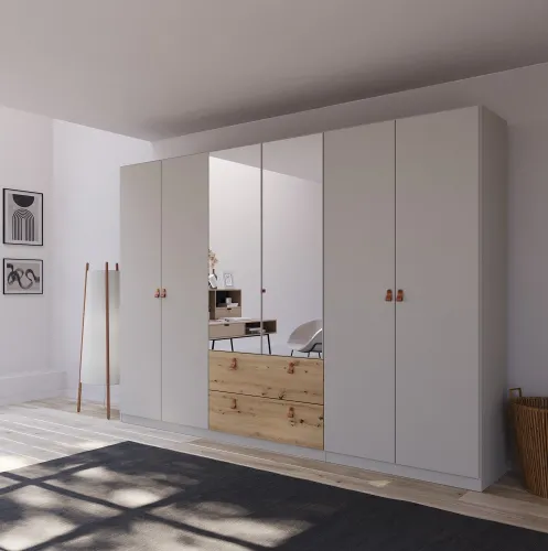 Kleiderschrank Drehtürenschrank Quadra-Spin | 6-türig | mit Spiegeltüren & Schubkästen | seidengrau / Eiche Artisan | 271x210 | Griff Homey