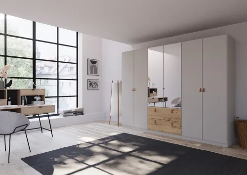 Kleiderschrank Drehtürenschrank Quadra-Spin | 6-türig | mit Spiegeltüren & Schubkästen | seidengrau / Eiche Artisan | 271x210 | Griff Homey