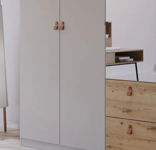 Kleiderschrank Drehtürenschrank Quadra-Spin | 6-türig | mit Spiegeltüren & Schubkästen | seidengrau / Eiche Artisan | 271x210 | Griff Homey