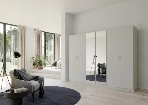 Kleiderschrank Drehtürenschrank Quadra-Spin | 6-türig | mit Spiegeltüren | seidengrau | 271x210 | Griff Pure