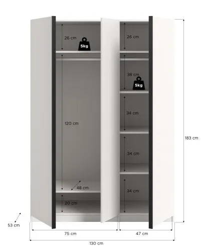 Kleiderschrank Oakland | mit 3 Türen & 4 Einlegeböden | weiß