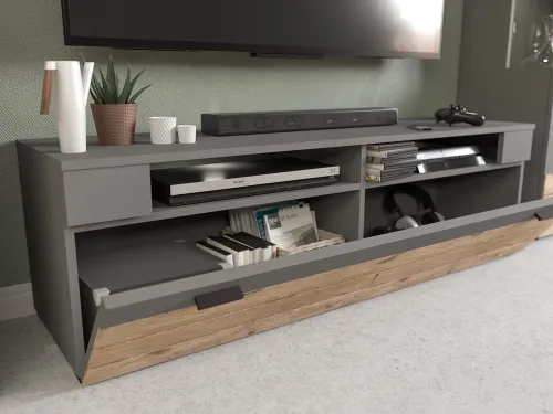 Lowboard TV-Board Freno | grau matt / Nox Oak | mit 2er Set LED Unterbauspot