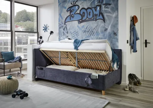Polsterbett Fun | dunkelblau | 120 x 200 cm | mit Rückenteil | mit Bettkasten | ohne Matratze