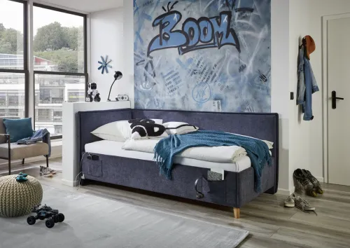 Polsterbett Fun | dunkelblau | 90 x 200 cm | mit Rückenteil | mit Bettkasten | mit Matratze