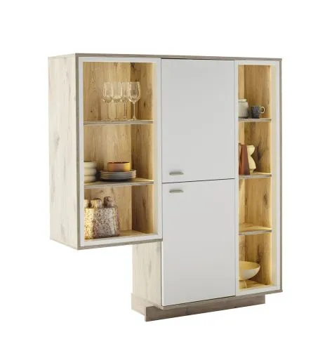 Regalschrank Highboard Santerno | Soft white / Viking Oak | mit Beleuchtung 125 cm