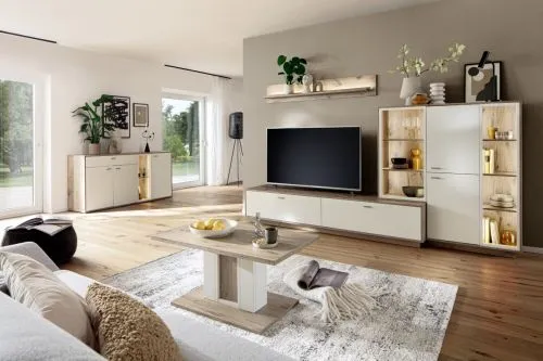 Regalschrank Highboard Santerno | Soft white / Viking Oak | ohne Beleuchtung