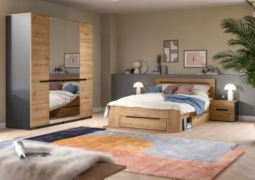 Schlafzimmer-Set Canu | Kleiderschrank mit Spiegeltüren | Artisan / Basalt grau | 4-teilig