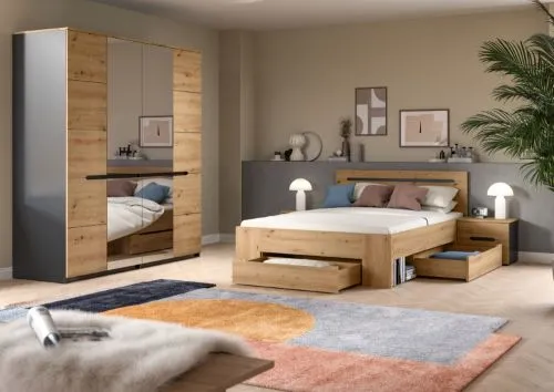 Schlafzimmer-Set Canu | Kleiderschrank mit Spiegeltüren | Artisan / Basalt grau | 4-teilig