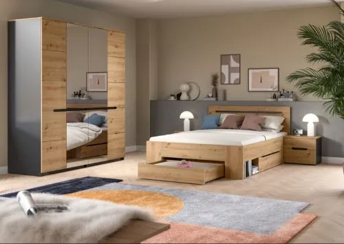 Schlafzimmer-Set Canu | Kleiderschrank mit Spiegeltüren | Artisan / Basalt grau | 4-teilig