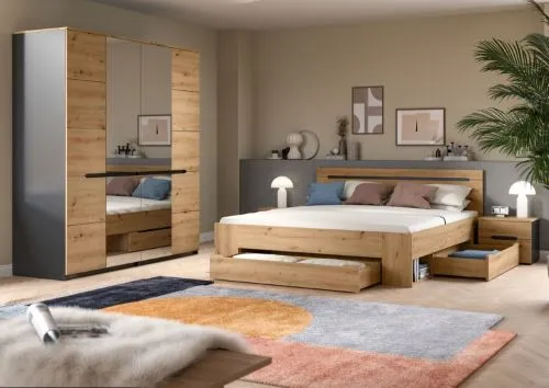 Schlafzimmer-Set Canu (L) | Kleiderschrank mit Spiegeltüren | Artisan / Basalt grau | 4-teilig