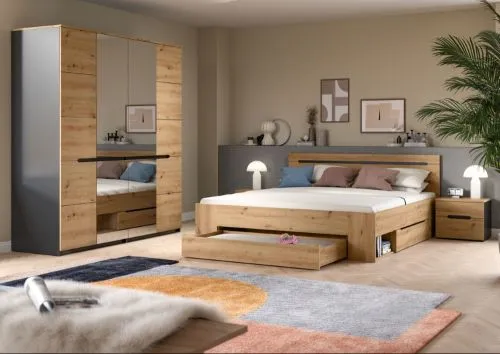 Schlafzimmer-Set Canu (L) | Kleiderschrank mit Spiegeltüren | Artisan / Basalt grau | 4-teilig