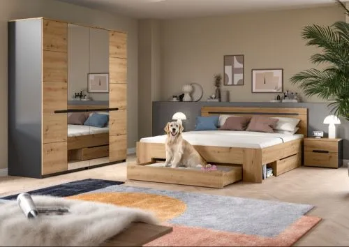 Schlafzimmer-Set Canu (L) | Kleiderschrank mit Spiegeltüren | Artisan / Basalt grau | 4-teilig