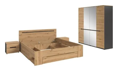 Schlafzimmer-Set Canu (L) | Kleiderschrank mit Spiegeltüren | Artisan / Basalt grau | 4-teilig