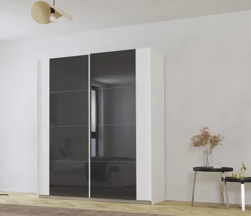Schwebetürenschrank Artemis | mit Glastüren | alpinweiß / basalt grau | 181 x 210 x 62 cm