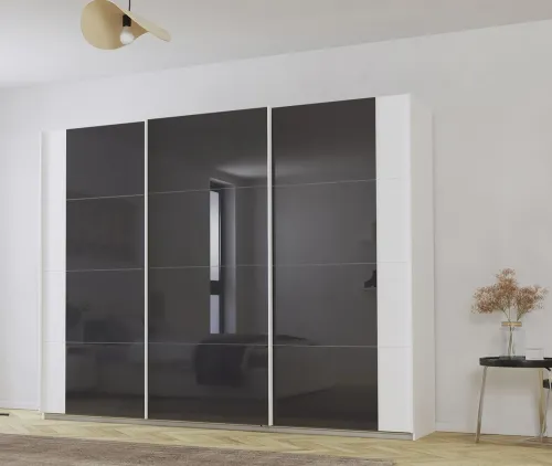Schwebetürenschrank Artemis | mit Glastüren | alpinweiß / basalt grau | 271 x 210 x 62 cm