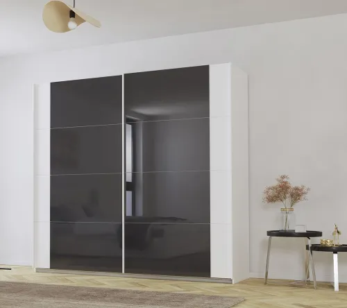 Schwebetürenschrank Artemis | mit Glastüren | alpinweiß / basalt grau | verschiedene Größe