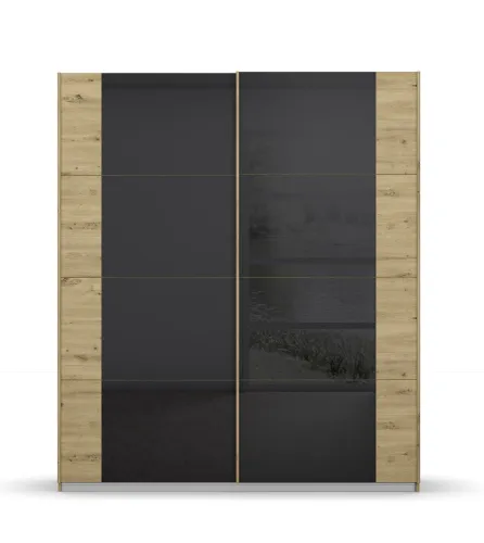 Schwebetürenschrank Artemis | mit Glastüren | Eiche Artisan / basalt grau | 181 x 210 x 62 cm