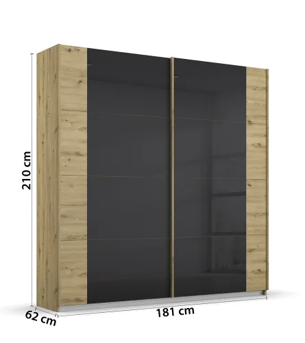 Schwebetürenschrank Artemis | mit Glastüren | Eiche Artisan / basalt grau | 181 x 210 x 62 cm