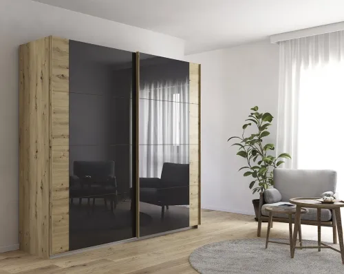 Schwebetürenschrank Artemis | mit Glastüren | Eiche Artisan / basalt grau | 226 cm x 210 cm x 62 cm