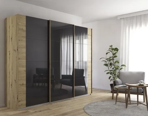 Schwebetürenschrank Artemis | mit Glastüren | Eiche Artisan / basalt grau | verschiedene Größe