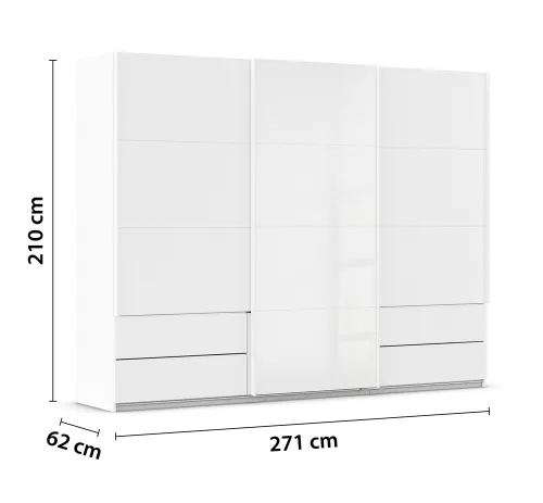 Schwebetürenschrank Elara mit Glas | alpinweiß / weiß | 271 x 210 x 62 cm