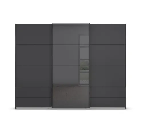 Schwebetürenschrank Elara mit Glas | grau metallic / basalt grau | 271 x 210 x 62 cm