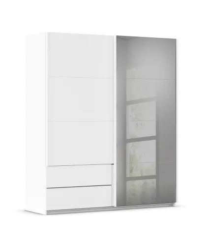Schwebetürenschrank Elara mit Spiegel in grau | alpinweiß | 181 x 210 x 62 cm