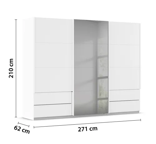 Schwebetürenschrank Elara mit Spiegel in grau | alpinweiß | 271 x 210 x 62 cm