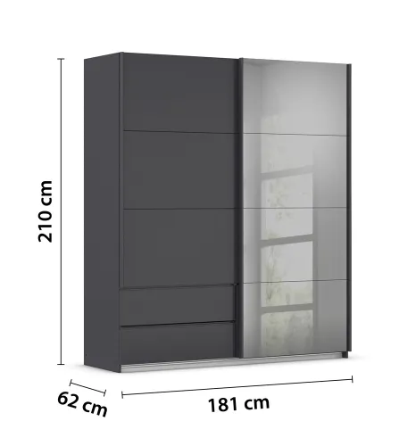Schwebetürenschrank Elara mit Spiegel in grau | grau metallic | 181 x 210 x 62 cm