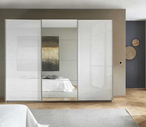 Schwebetürenschrank Kulmbach | 3-türig | mit Spiegel & Zubehör | weiß Hochglanz / alpinweiß | 203x229