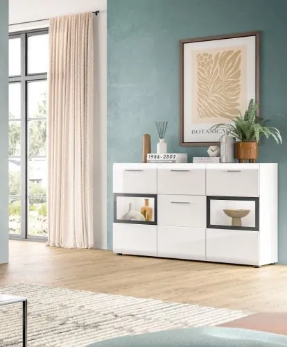Sideboard Ice | mit Vitrinen | weiß / schwarz